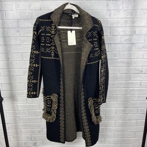 Cocogio Wool Blend Long Cardigan‎ Womens S Tribal Boho Open Front Fringe Sweater